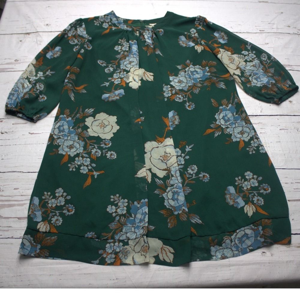 Eva Mendes New York & Company Green Floral Shift Dress XL 3/4 Sleeve Pleated